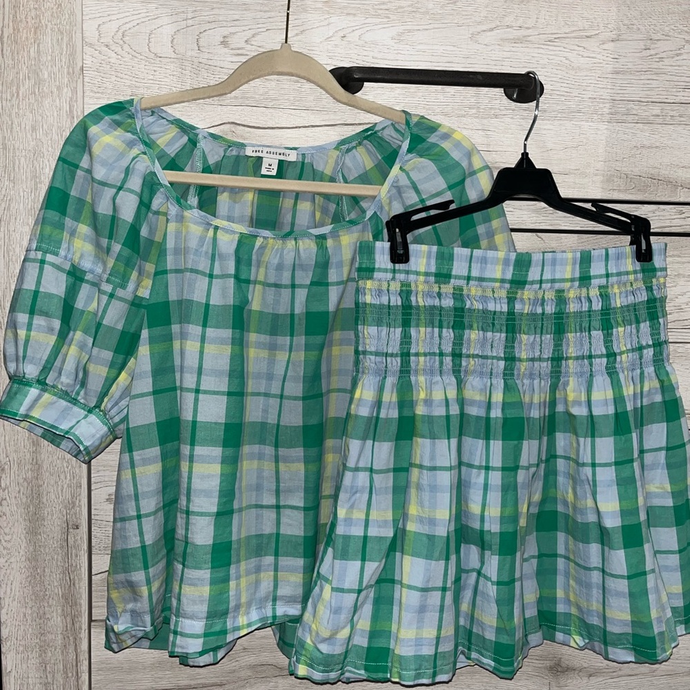 Free Assembly- Skyway Plaid Green Two Piece Puff Sleeve Top and Skirt Set